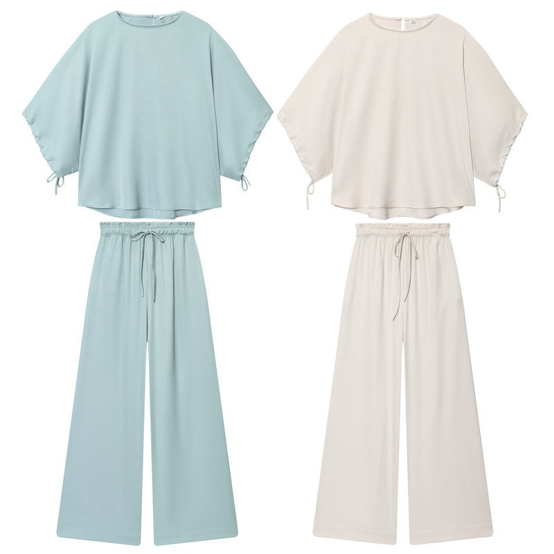 Z Cross-Border European and American Export Women's Clothing American Commuter Casual Balloon Version Bat Shirt Top + High Waist Pants Suit