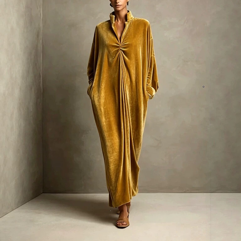 Cross-border European and American TK2026 autumn new collection: stand-up collar velvet long dress, twisted pleated, loose-fitting, and with dropped shoulders, a women’s long robe Cross-border European and American TK2026 autumn new collection: stand-up collar velvet long dress, twisted pleated, loose-fitting, and with dropped shoulders, a women’s long robe