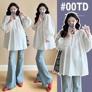 2025 Summer Maternity Clothing Age-reducing V-neck Loose A- swing Doll Shirt Women's New Korean-style Loose Belly-covered Pregnant Women's Shirt