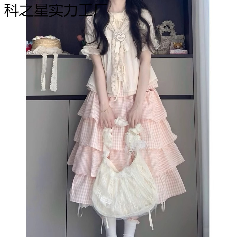 Cute Sweet Girl Dopamine Outfit: a Complete Set of Women's Summer College-Style Tie-Up Shirt and Pink Plaid Cake Skirt Two-Piece Set Cute Sweet Girl Dopamine Outfit: a Complete Set of Women's Summer College-Style Tie-Up Shirt and Pink Plaid Cake Skirt Two-Piece Set