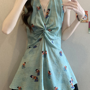 New Chinese Style Halter Neck Camisole Women's Summer Bright Dopamine Thai Doll Shirt Cotton and Linen Top