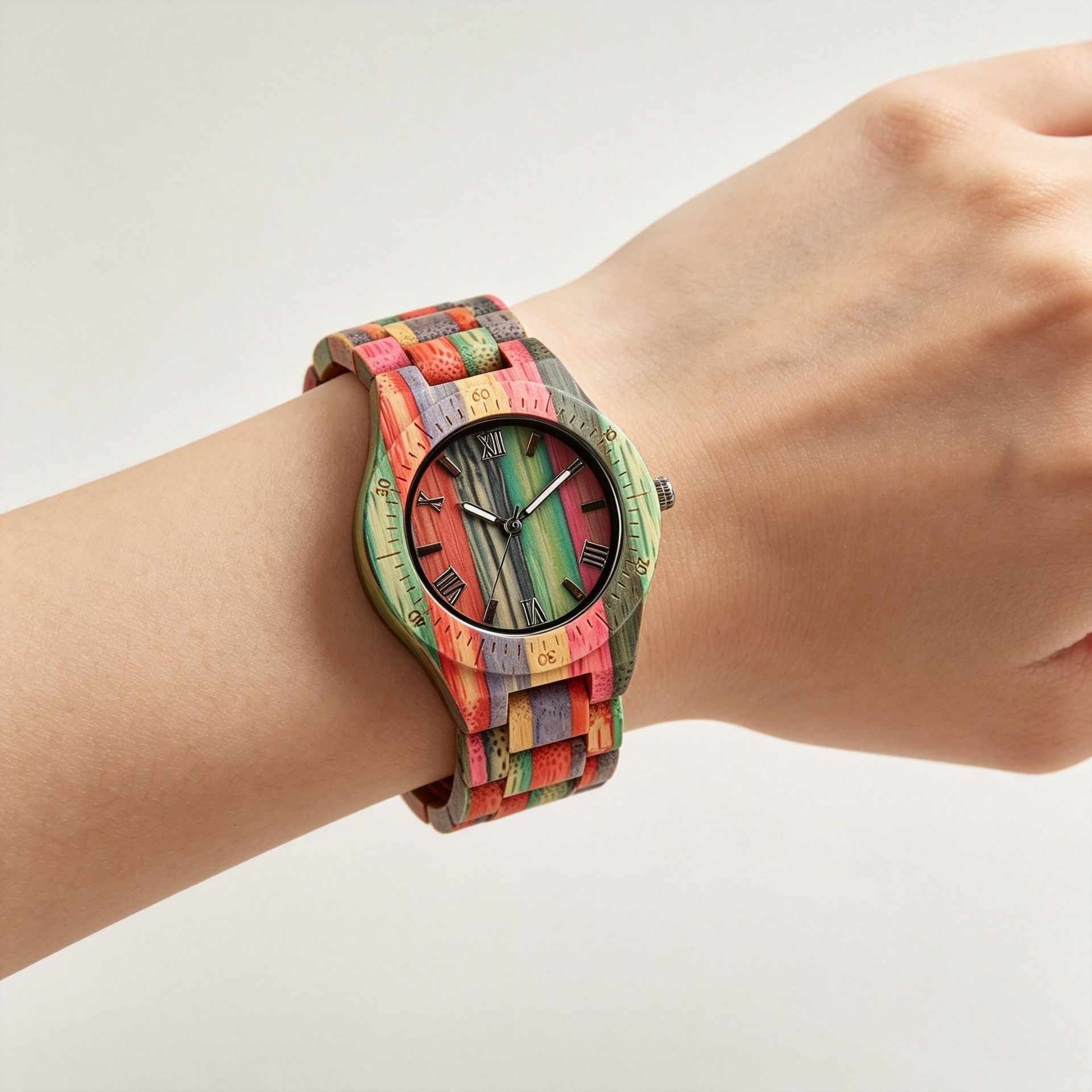 男女士石英手表彩色木表罗马字时尚简约情侣腕表跨境wooden watch