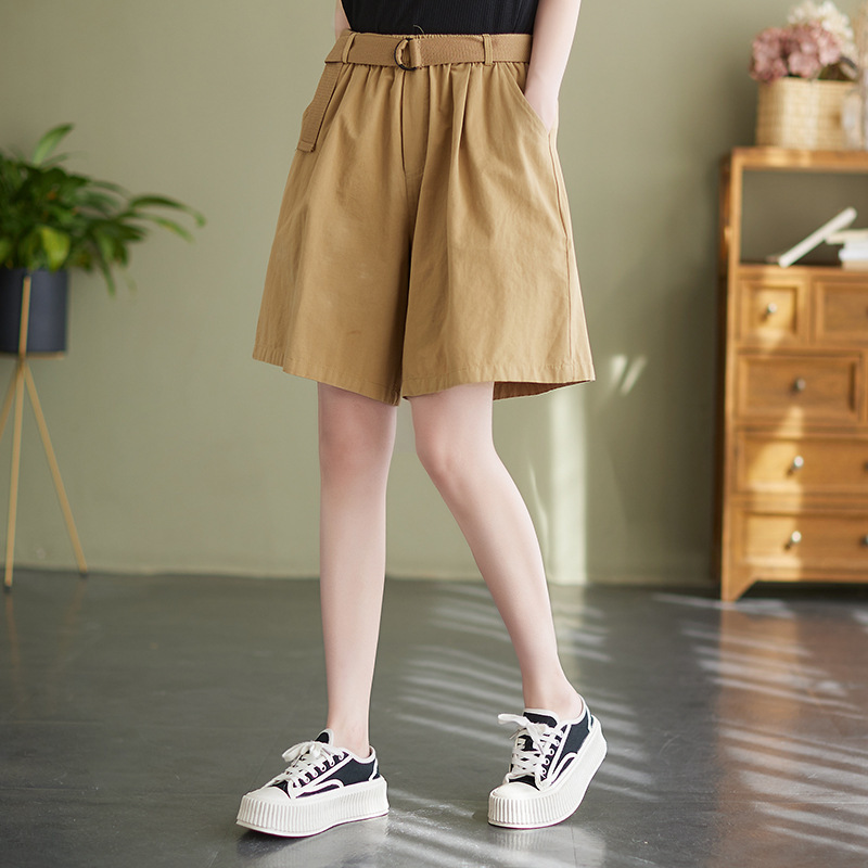 Vintage Twill Cotton Shorts with Elastic Waist, Casual Wide-Leg Pants, Summer Versatile Slimming Solid Color Mid-Length Shorts for Women