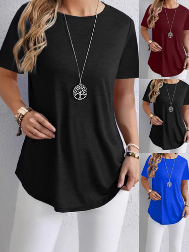 Spring/Summer European and American-style new spring/summer solid-color T-shirt with elegant back-button design.