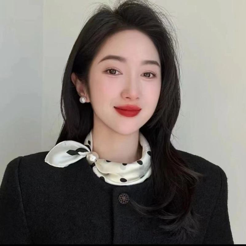 New Magnetic Buckle Pearl Silk Scarf Necklace Women's Summer Thin Clavicle Chain French Retro Small Scarf Decorative Scarf
