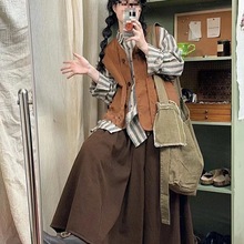 日系软妹森系简约马甲女学生秋复古半身裙休闲衬衫套装绵羊绒纯色