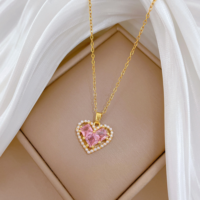 Wunderschöne Perlenherz Halskette Mit Diamanten Edelstahl Kette_voghion.com
