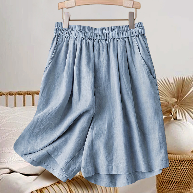 Drapey Thin Cotton and Linen Shorts for Women Summer Elastic High-Waisted Literary Retro Outer Wear Loose Casual Wide-Leg Five-Quarter Pants