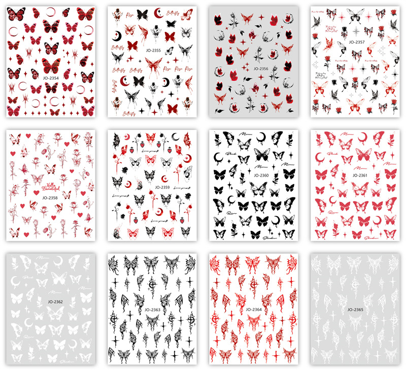 Pegatinas de uñas transfronterizas traje oscuro Pegatinas de uñas de mariposa ins pegatinas de uñas de primavera y verano 12 piezas un conjunto
