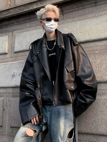 Leather biker jacket, autumnal style, short sleeve men's outerwear, American trend, loose, cool rebel look, PU leather jacket