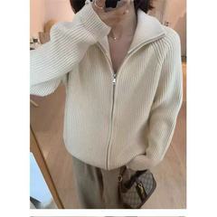韩系翻领慵懒风灰色毛衣女秋冬软糯高级感跨境厚款针织开衫外套女