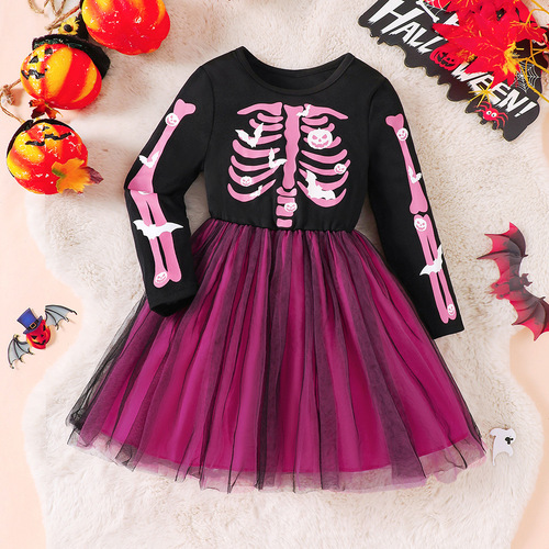 EW Kids' Clothing — Spring/ Autumn Long-Sleeved Patchwork Mesh Dress for Young Girls, Q1475-C