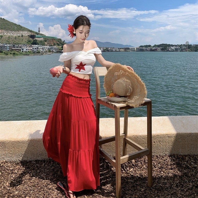 2025 アイランドサマーワンショルダー半袖シャツトップ耳プリーツスカートスーツ女性の夏|undefined