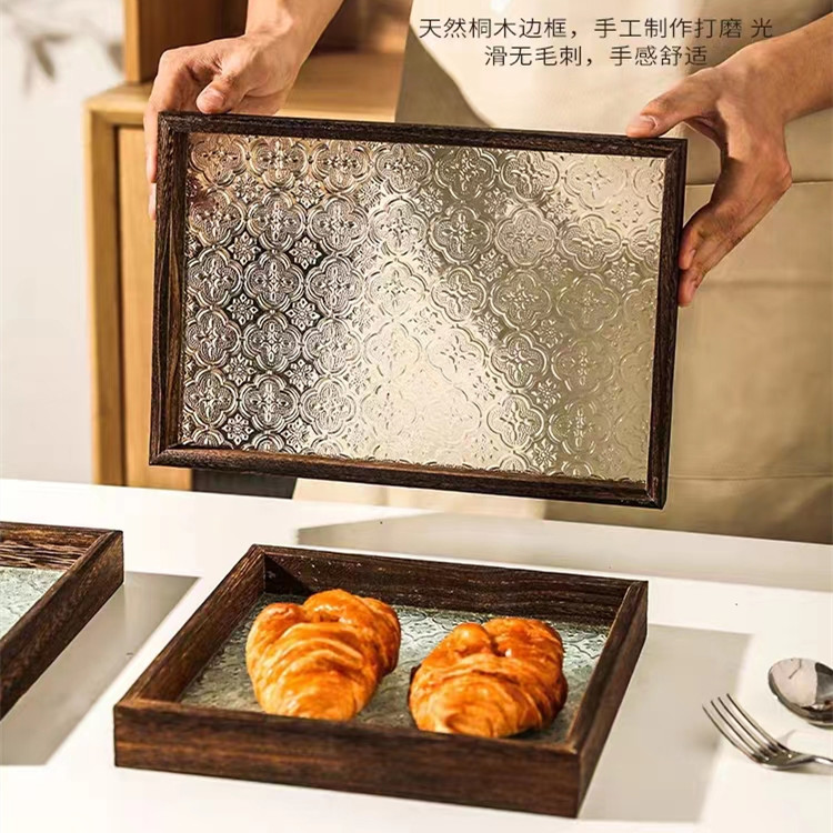 Retro Begonia flor bandeja de vidrio rectangular plato de madera japonés postre taza bandeja de almacenamiento Kung Fu bandeja de té de la tarde