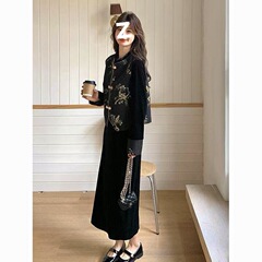 国风新中式穿搭刺绣马甲丝绒长裙新款复古显瘦两件套连衣裙女早春