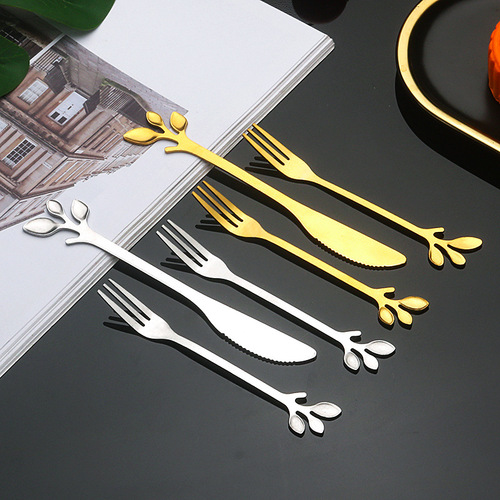 Stainless steel leaf spoon creative golden leaf coffee spoon dessert spoon fruit fork cake fork wholesale gift spoon
