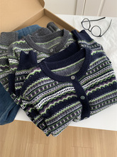 软糯羊毛拼色洋气条纹毛衣开衫女韩版秋冬新款宽松休闲单排扣上衣