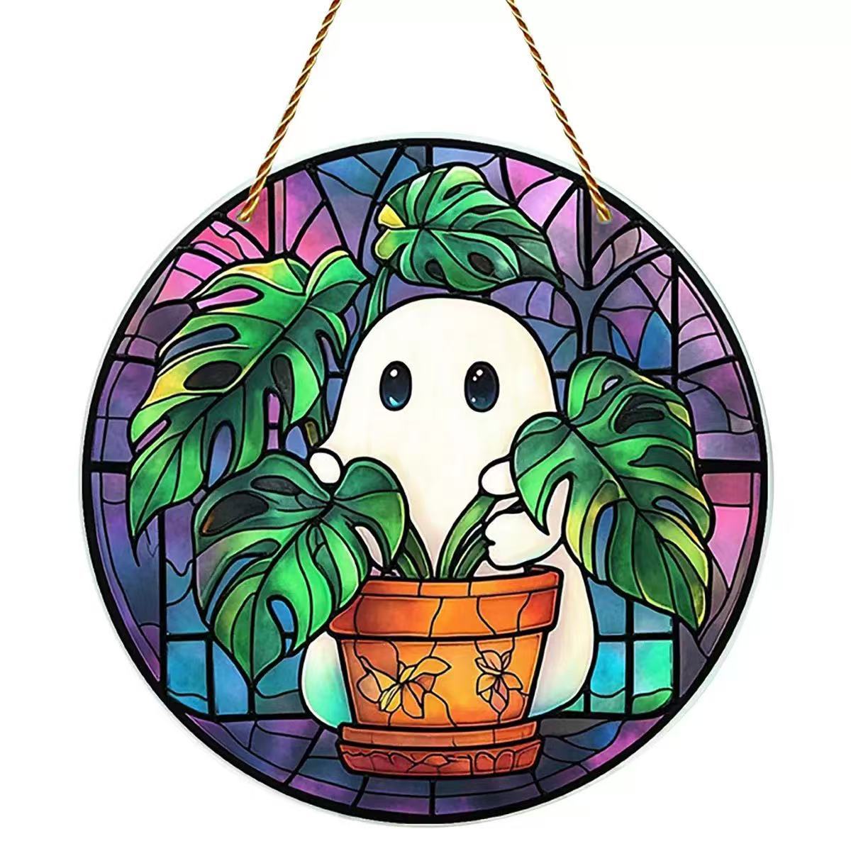 Nuevos productos transfronterizos Halloween lindo fantasma Sun Catcher pequeño fantasma 2D plano acrílico ambiente festivo adornos