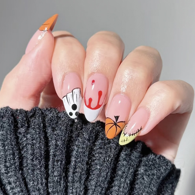 30-piece foreign trade wearable nails, best-selling Halloween almond French pumpkin ghost blood nail tips, cross-border fake nails 30-piece foreign trade wearable nails, best-selling Halloween almond French pumpkin ghost blood nail tips, cross-border fake nails