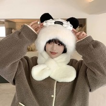 帽子围巾一体女冬季韩版可爱米奇耳朵毛绒帽加绒加厚骑行护耳帽潮