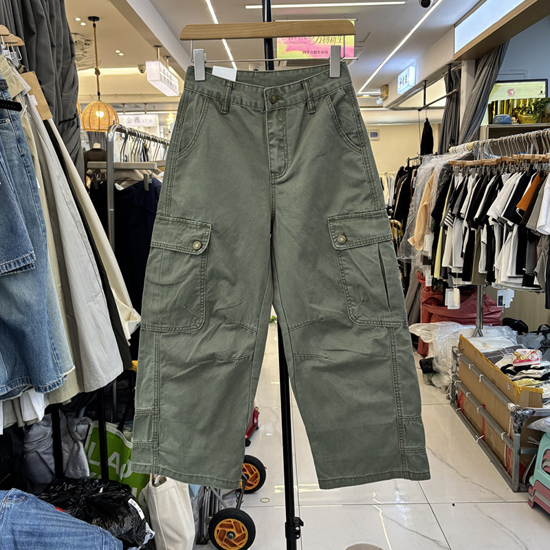 Army Green American-Style Workwear Casual Pants for Women, Summer Thin High-Waisted Loose Fit with Multiple Pockets, Slimming Cropped Wide-Leg Pants Army Green American-Style Workwear Casual Pants for Women, Summer Thin High-Waisted Loose Fit with Multiple Pockets, Slimming Cropped Wide-Leg Pants