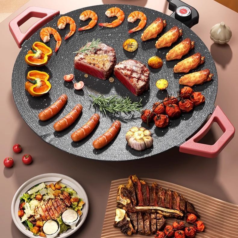 電気グリルパン、多機能オールインワンフライパン、麦飯石家庭用ノンスティックパン、無煙韓国バーベキュー鉄板バーベキューグリル|undefined