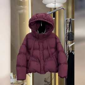14225酒红色连帽羽绒棉女2023新款冬小个子高级感短款棉服厚外套
