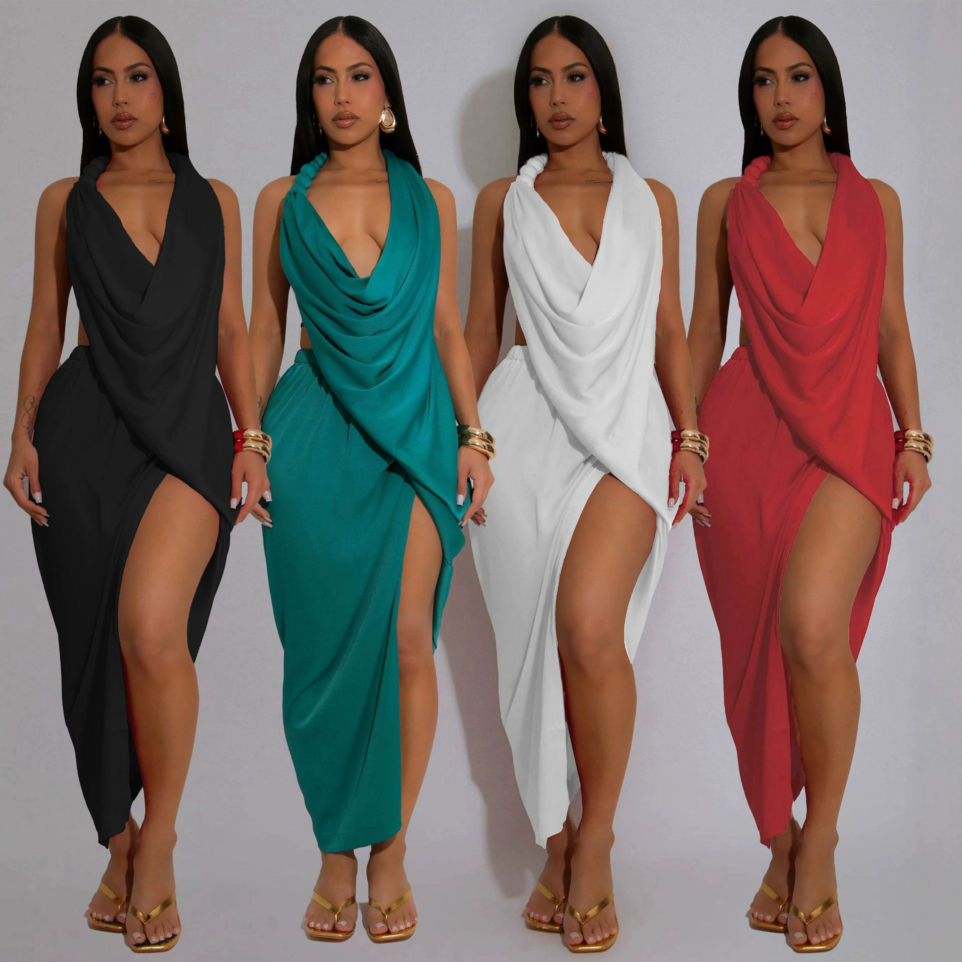 A7577 Глубокий V-образный вырез, бисерный топ, сексуальное платье с высоким разрезом, однотонное плиссированное платье