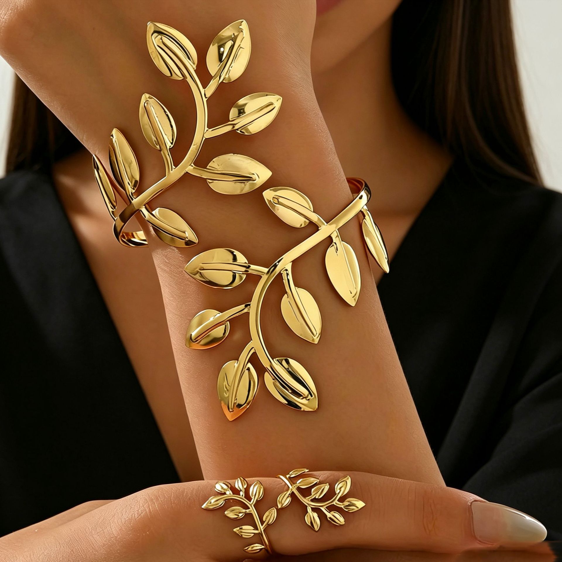 European and American cross-border exaggerated metal three-dimensional leaf-shaped women's bracelet and ring set with adjustable opening