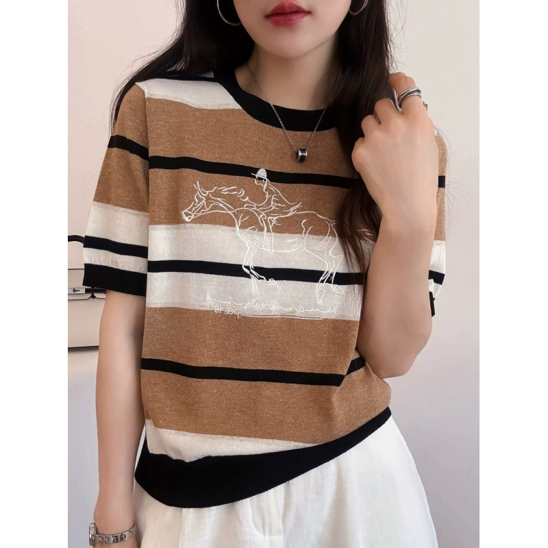 Wholesale Embroidered Horse Pattern Color-Block Striped Short-Sleeve Knit T-Shirt for Women, Summer Thin Tencel Linen