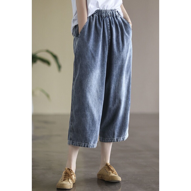 Thin Denim Cropped Wide-Leg Pants for Women 2025 Summer New Loose High-Waist Slimming Elastic Waist Jeans