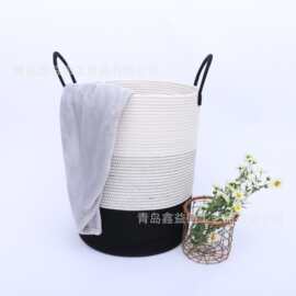 棉绳脏衣篮棉线编织收纳筐脏衣桶可折叠带图案原白黑色外置提手