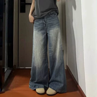 梨形身材大码直筒牛仔裤女美式胖mm冬季新款复古高腰宽松阔腿长裤