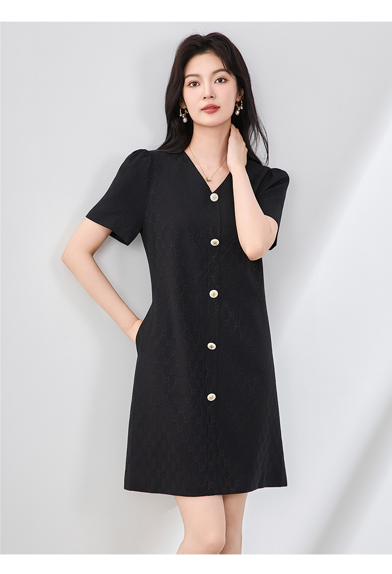 Váy chữ A tay bồng chất liệu jacquard cao cấp tôn dáng — Màu đen chi tiết 9