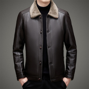 Winter Men's Imitation Genuine Leather fleece-lined Thickened Fur One Middle-aged Leather Jacket with Button Lapel Fur Collar Coat