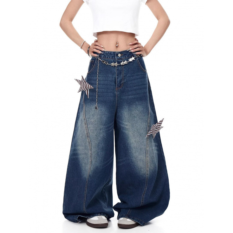 American Three-Dimensional Star Jeans for Men and Women, Summer Design, Loose Straight Wide-Leg Pants, Loose Lazy Casual Pants