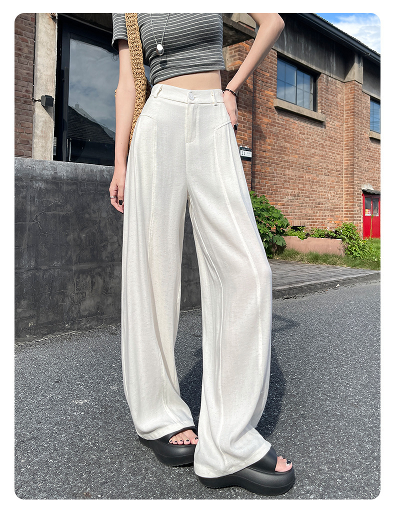Quần culottes nữ ống rộng vải linen phối sọc, cạp cao dáng suông — Sâu Xám - Cao chi tiết 11