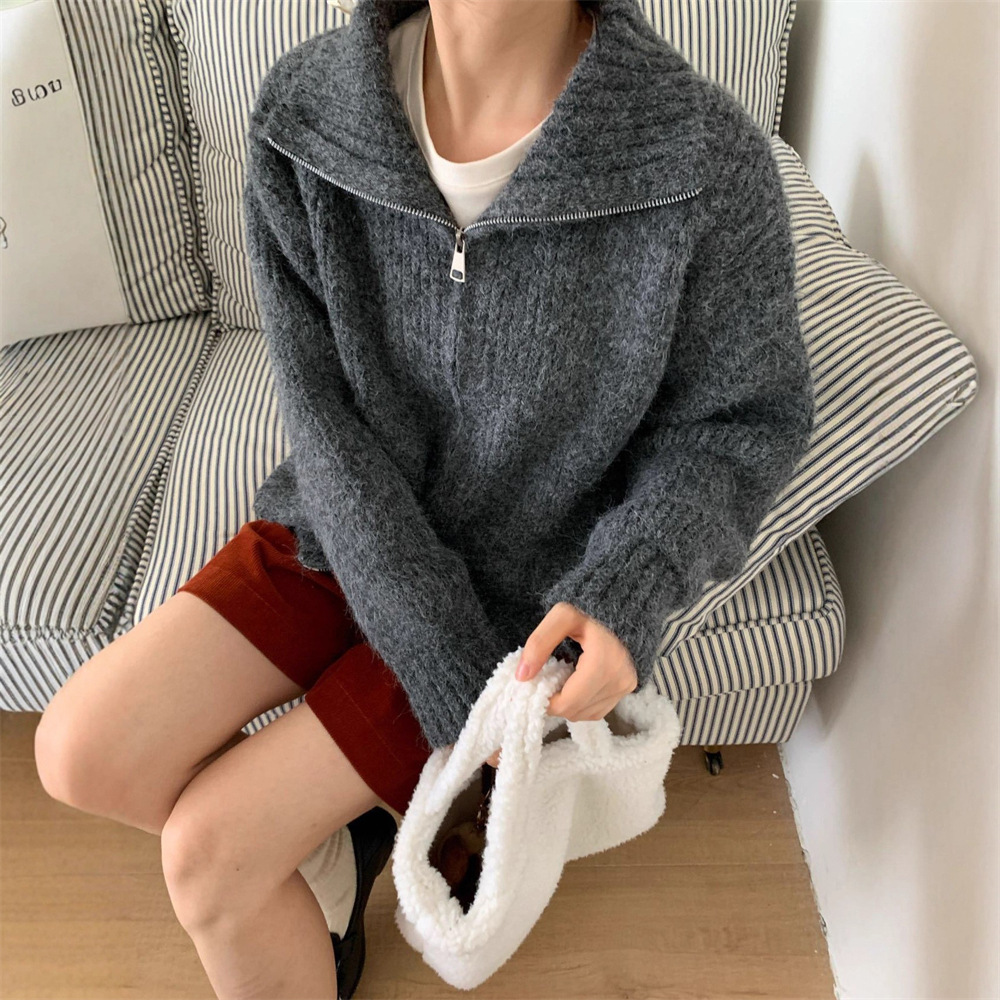 Double Zipper Stand Collar Knitted Cardigan for Women Autumn and Winter New Korean Style Lazy Style Loose Versatile Short Sweater Jacket for Women