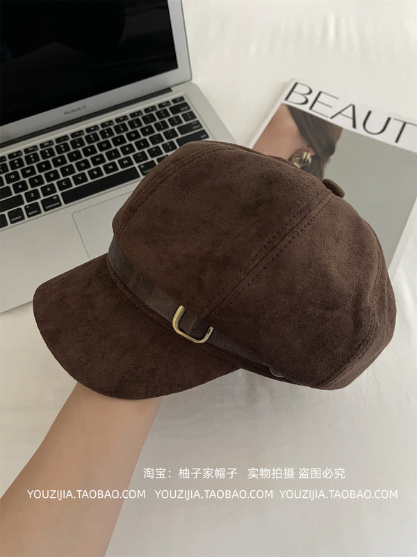 2025秋冬新款麂皮绒复古贝雷帽女韩系做旧潮气质时尚显脸小八角帽|undefined