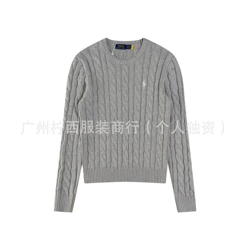 25新款跨境可扫码棉线拉夫小马刺绣经典麻花圆领纯色针织长袖上衣|undefined