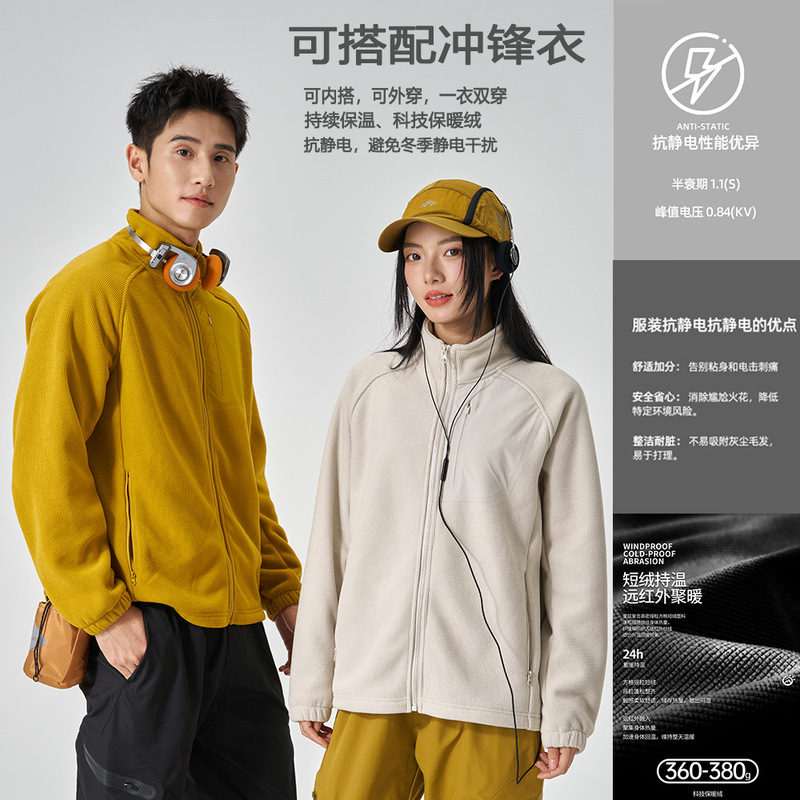Anti-Static Fleece Jacket with Zipper Cardigan, Stand-Up Collar Sweatshirt, Plaid Velvet Warm Sports Jacket with Customized Logo