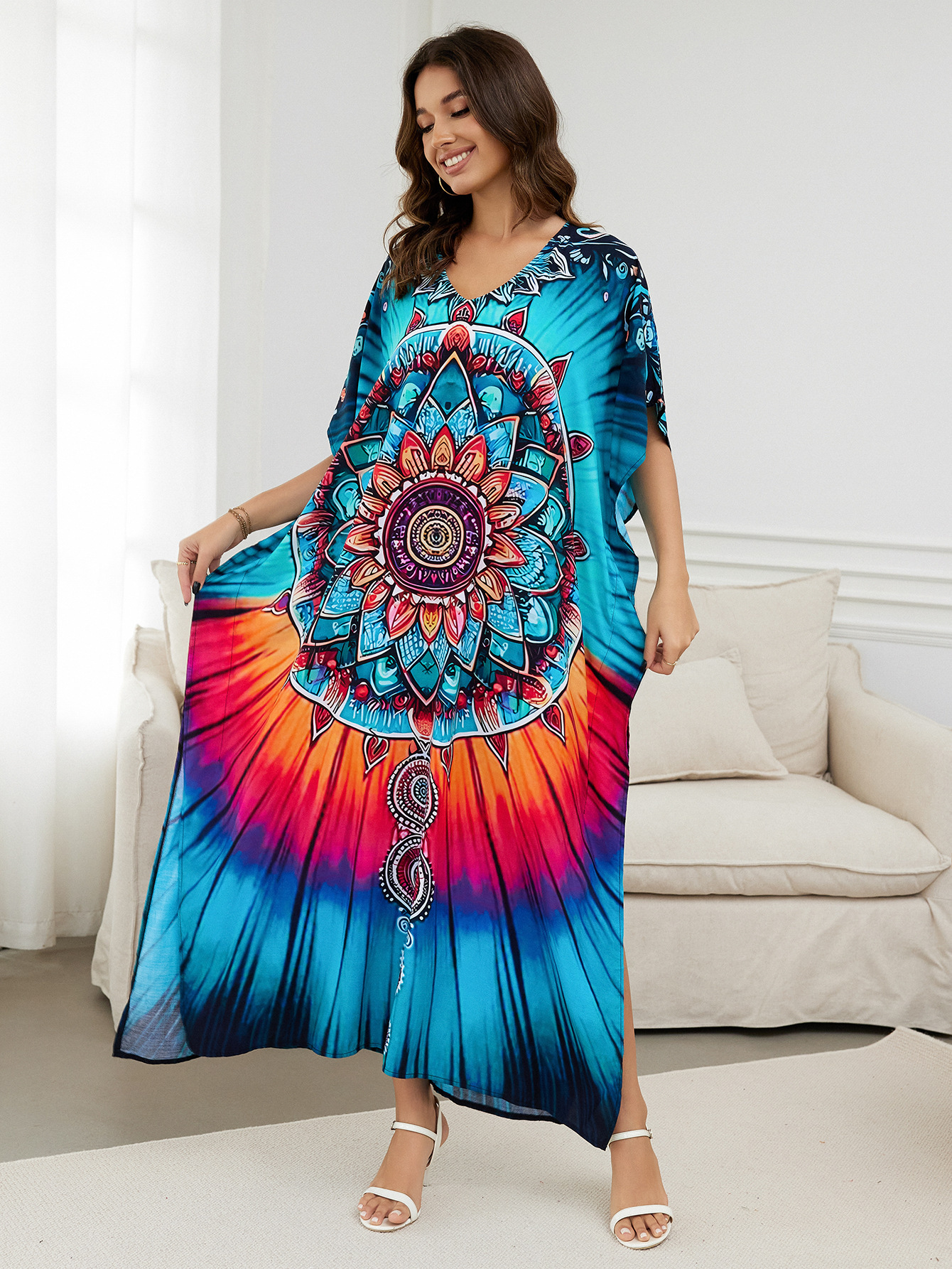 Rochie de plajă lungă kimono dama boho viscoză tie-dye_voghion.com