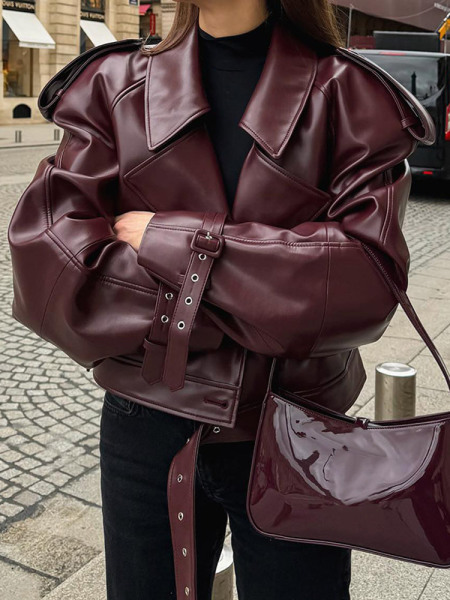 demi-season burgundy polyurethane retro jacket