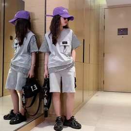 女童韩版假两件套装2023夏季新款儿童洋气时髦条纹上衣裤子两件套