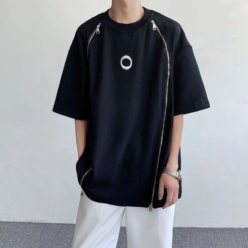 Old School West Coast Zipper Heavyweight Collarless Short Sleeve Men's Summer Streetwear T-Shirt with a Cool and Tough Style