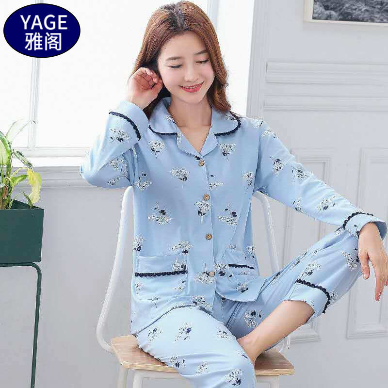 Pijamas de algodón puro Primavera y otoño de las mujeres de manga larga más tamaño cardigan traje de mediana edad y ancianos madre pijamas Otoño e Invierno