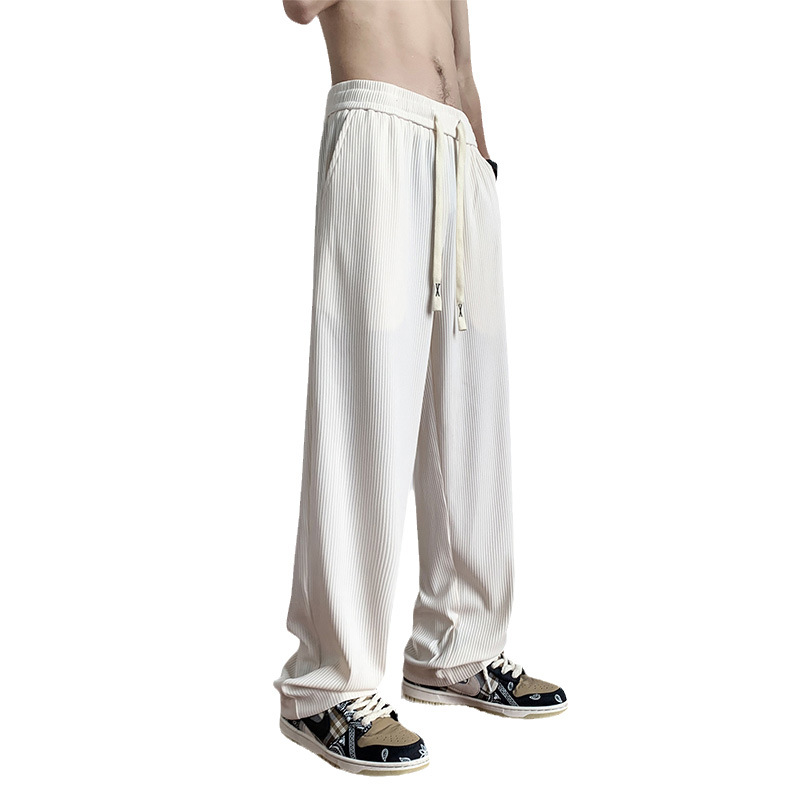 Hombres drapeado de seda marrón hielo pantalones verano americano Delgado casual alta calle moda marca suelta recta pierna ancha Pantalones