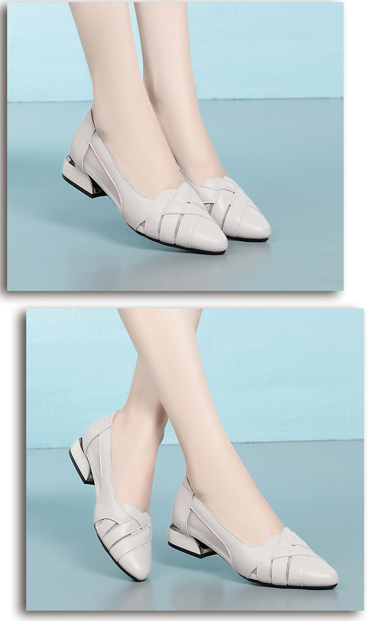 Sandal nữ da bò gót vuông thấp quai chữ V miệng nông mùa hè — Màu be xám (toàn bộ da bò) chi tiết 9