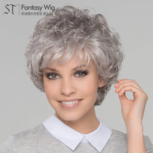 Tik Tok美国站直播假发外贸pixie curly wig中年女灰色短卷发假发