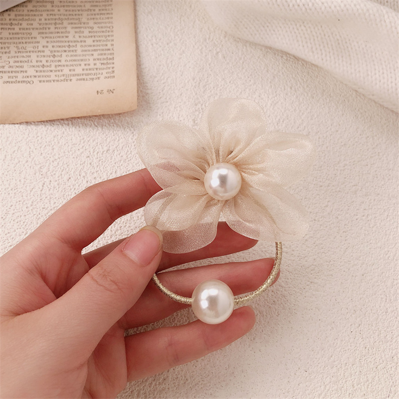 Nuevo hilo de malla de perla flor anillo de cabello de alta sensación de la cabeza de la corda de cabello de la corda de cabello de la cola de caballo temperamento banda de goma adornamiento para el cabello